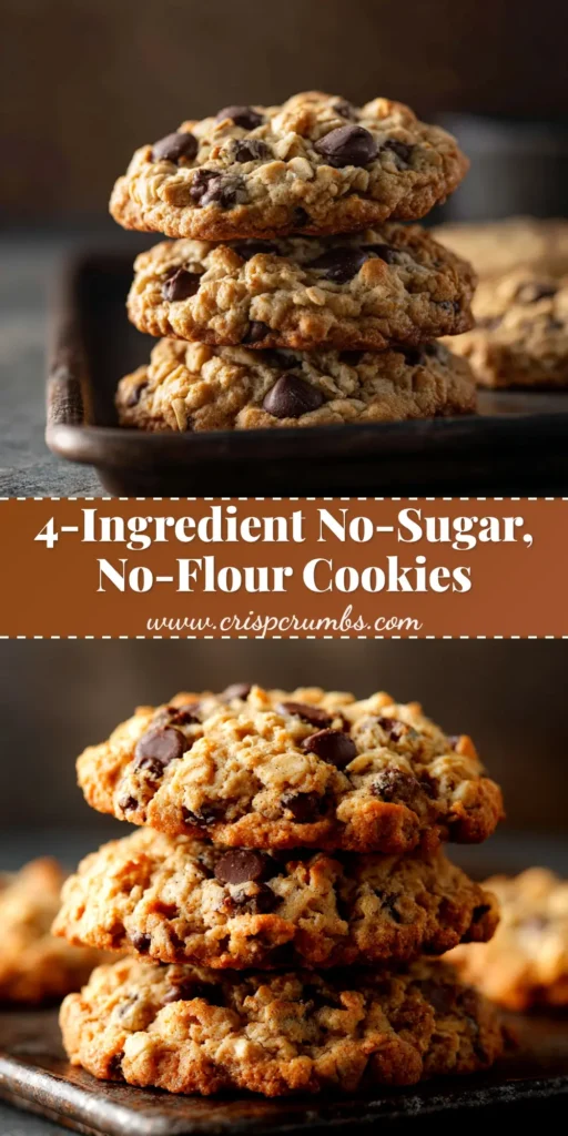 A close-up of delicious no sugar no flour cookies stacked on a plate. The cookies are golden brown, chewy, and made with oats and chocolate chips.