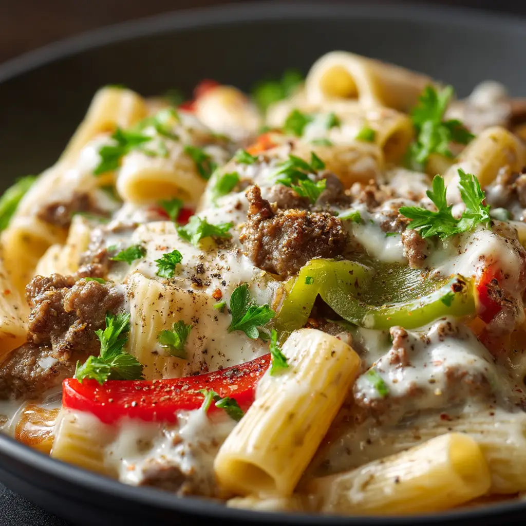 A skillet filled with the finished Philly Cheese Steak Pasta, with a wooden spoon resting inside. The dish is full of beef, peppers, and creamy pasta.