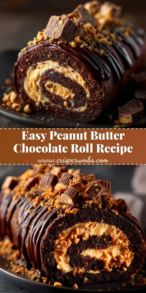 A perfect slice of Peanut Butter Cup Chocolate Roll on a white plate, showing a beautiful swirl of chocolate cake and peanut butter filling, topped with rich chocolate ganache.