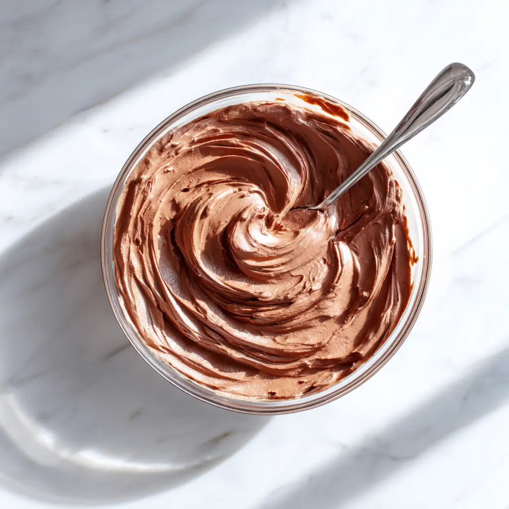 An overhead shot of a glass bowl filled with rich, dark chocolate mousse filling, with a spatula showing its smooth, creamy texture.