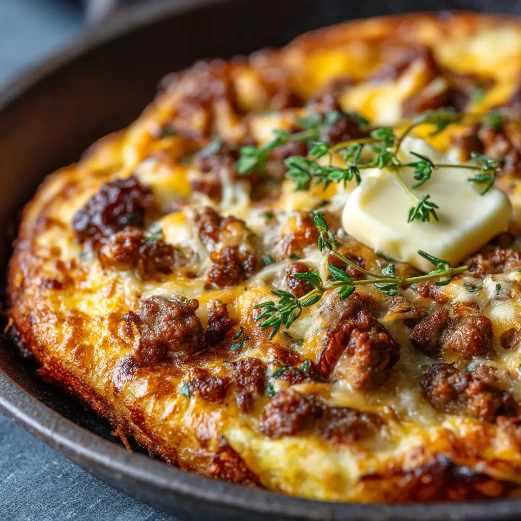 A close-up appetizing shot of savory sausage cheese sheet pan pancakes being sliced in the pan, showing the golden-brown top and melted cheese.