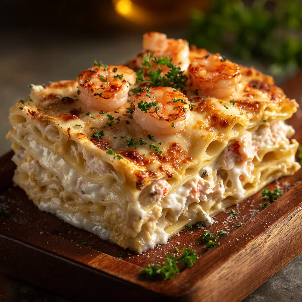A close-up shot of a generous slice of homemade seafood lasagna on a white plate. You can see the distinct layers of pasta, creamy white sauce, and seafood.