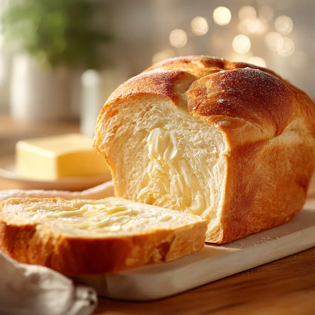 A freshly baked loaf of Amish bread, sliced to show the incredibly soft and fluffy crumb. This homemade bread is perfect for sandwiches.