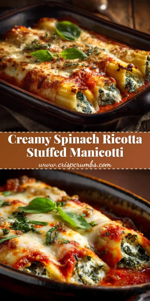 A beautiful platter of baked Spinach and Ricotta Stuffed Manicotti, with melted mozzarella cheese and fresh basil.