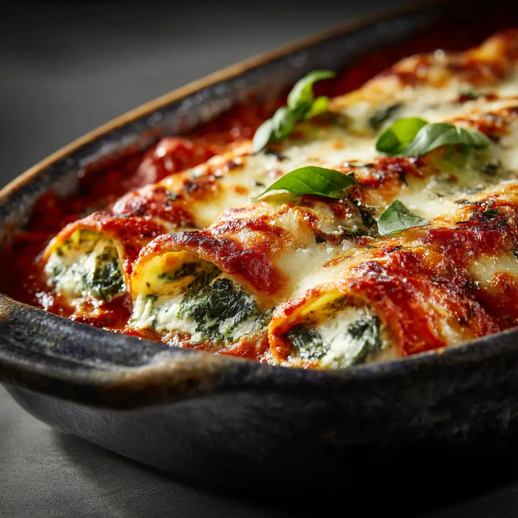 The creamy spinach and ricotta filling being mixed in a bowl before stuffing the manicotti shells.