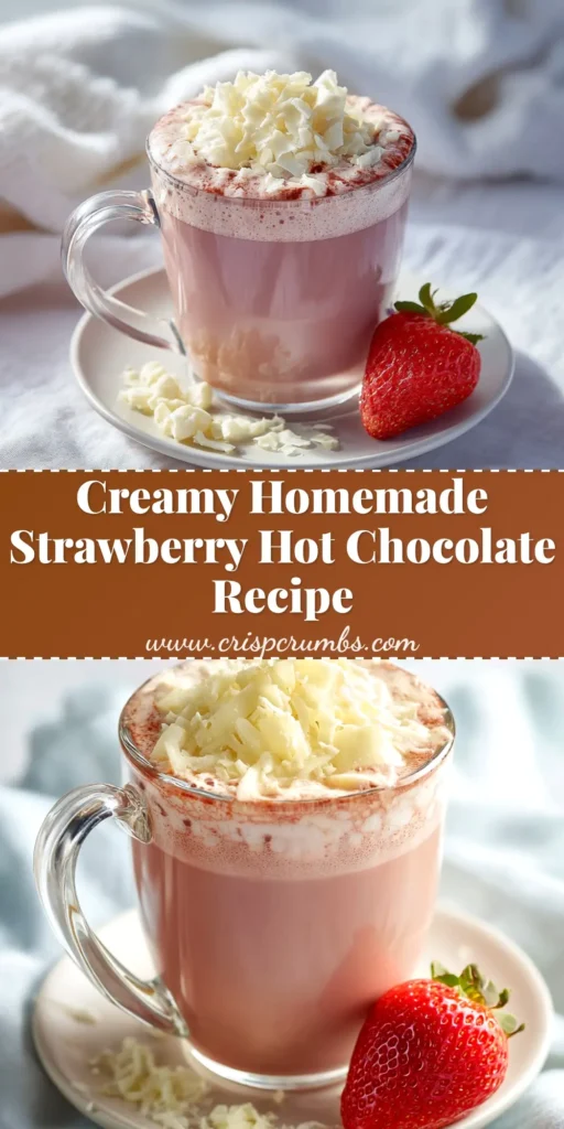 A beautiful overhead shot of a mug of creamy pink Strawberry Hot Chocolate, topped with whipped cream and sprinkles, ready to be shared on Pinterest.