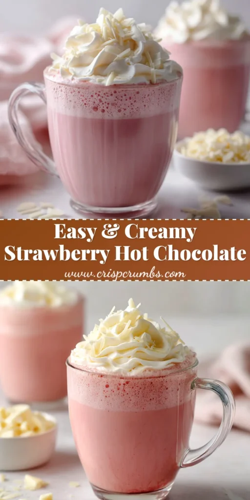 A beautiful pink mug of homemade Strawberry Hot Chocolate, topped with whipped cream and sprinkles, next to fresh strawberries.
