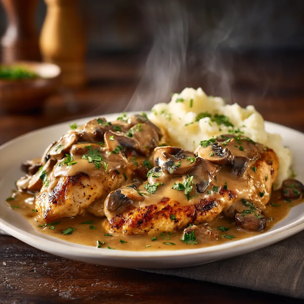 A juicy grilled chicken breast in a skillet, topped with sautéed onions, mushrooms, and perfectly melted Monterey Jack cheese.