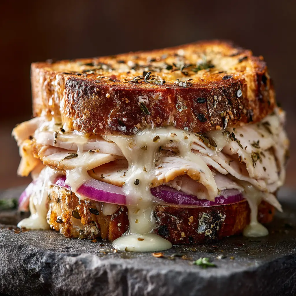 A close-up of a hot turkey sandwich being assembled, with layers of deli turkey and provolone cheese visible before grilling.