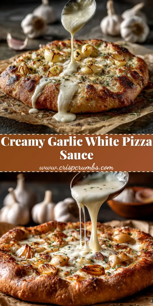A small bowl of creamy white garlic pizza sauce is shown with a spoon, ready to be spread on a pizza. The primary keyword 'White Garlic Pizza Sauce' is reflected in the image.