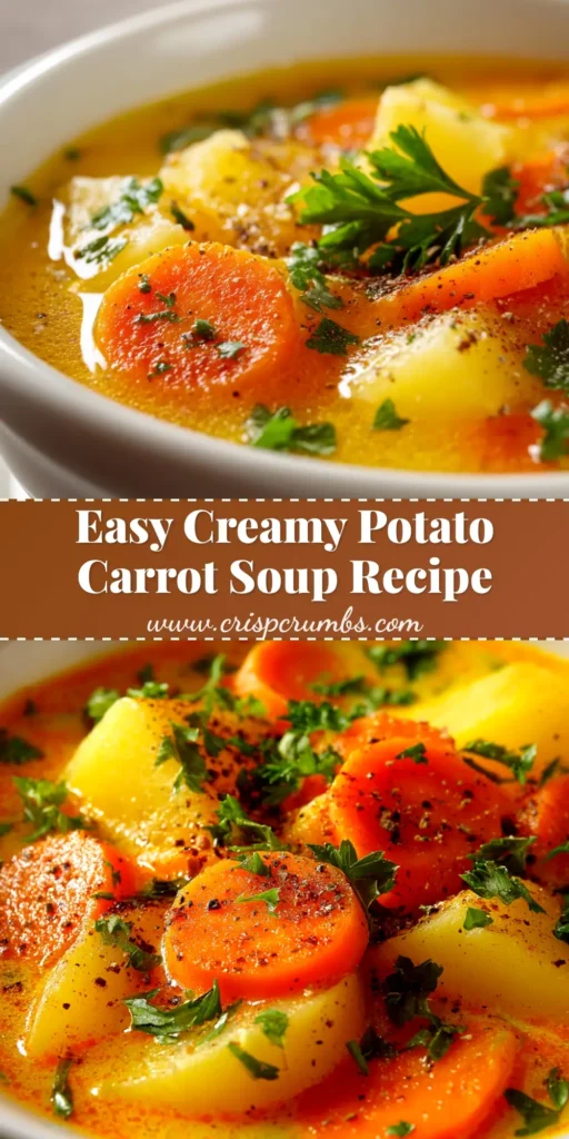A beautiful bowl of Creamy Potato Carrot Soup, garnished with fresh herbs and a swirl of cream, with a spoon ready to dive in. The perfect comfort food recipe.
