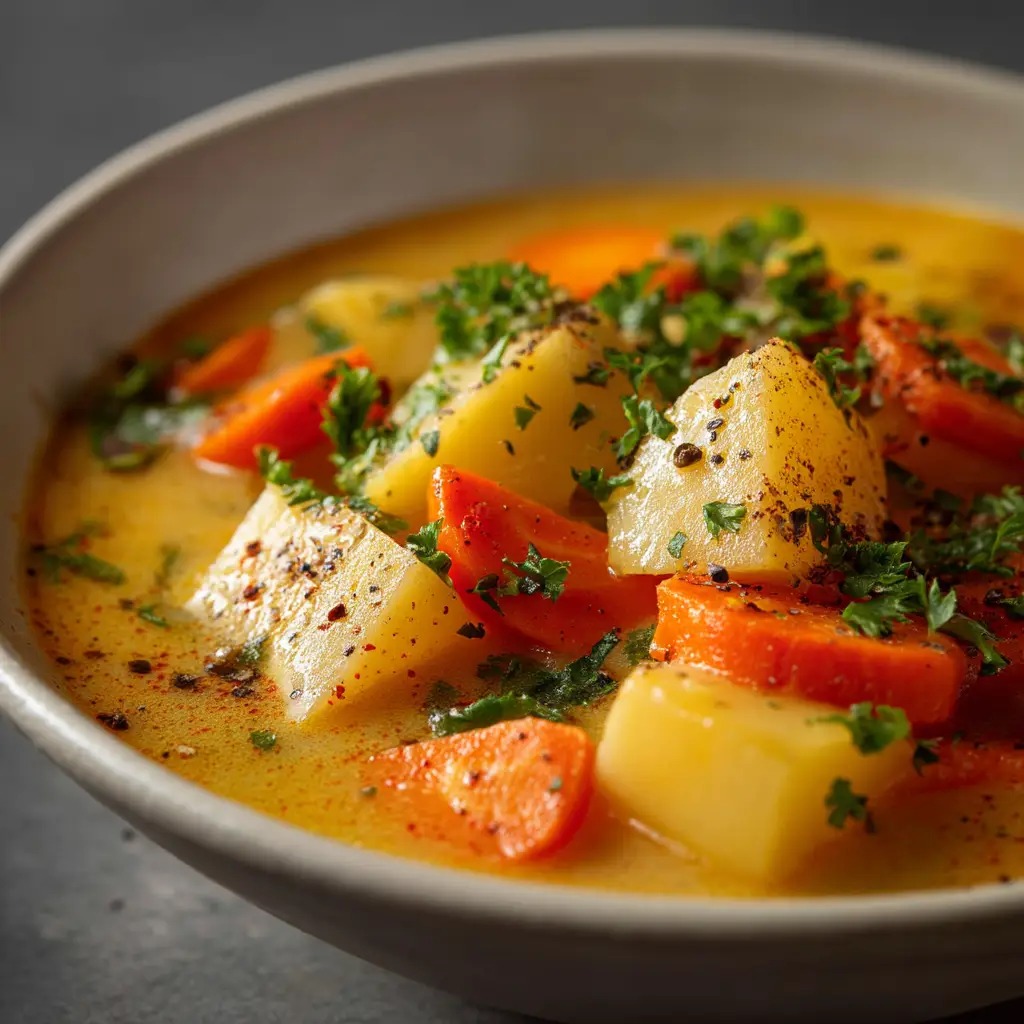 An extreme close-up shot showing the thick, velvety texture of the blended carrot and potato soup in a white bowl.