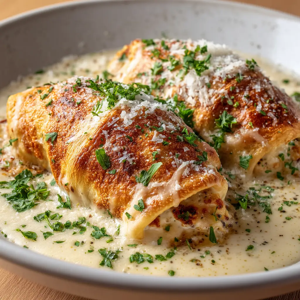 Two perfectly golden brown chicken pillows sitting on a piece of parchment paper, fresh out of the oven. The flaky layers of the crescent dough are visible.