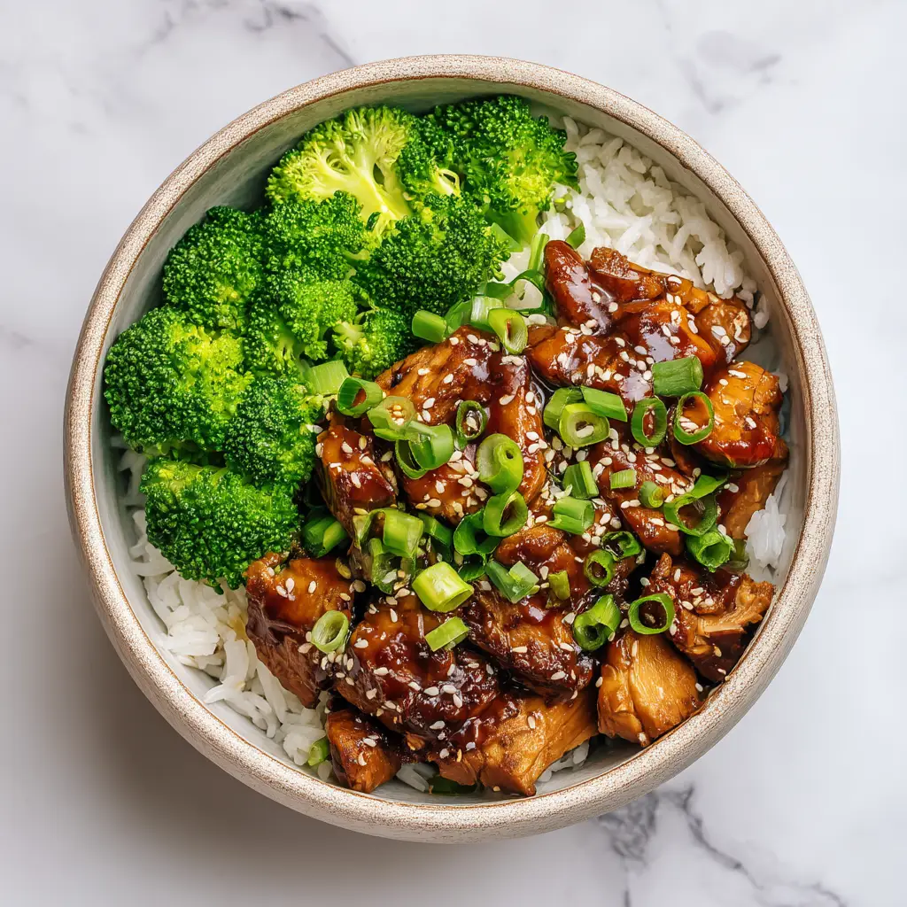 A close-up, top-down view of a complete teriyaki chicken bowl, showing the glossy sauce on the chicken and the fresh vegetables.