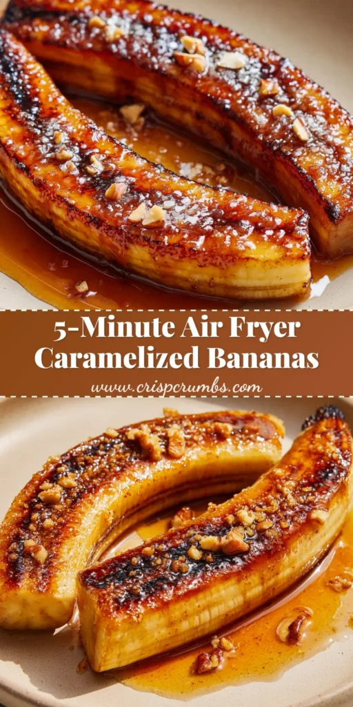 A plate of perfectly cooked air fryer caramelized bananas topped with sticky amber syrup, sea salt, and crushed pecans.