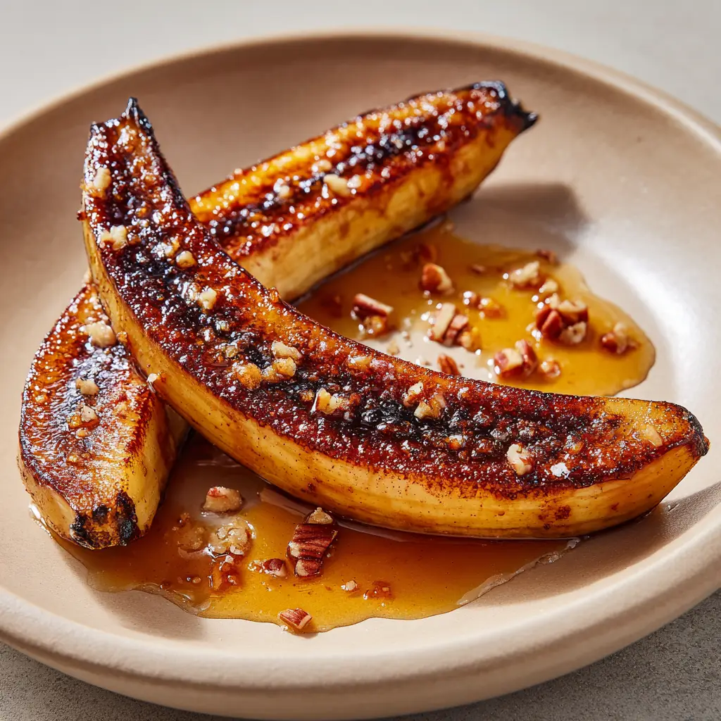 Close up of raw lengthwise sliced bananas being coated with a melted butter, brown sugar, and cinnamon glaze.