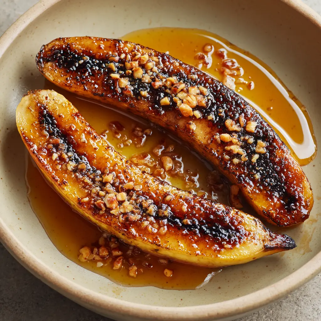 Two cooked banana halves resting on a matte beige ceramic plate with a deep golden-brown, bubbly glaze and charred edges.