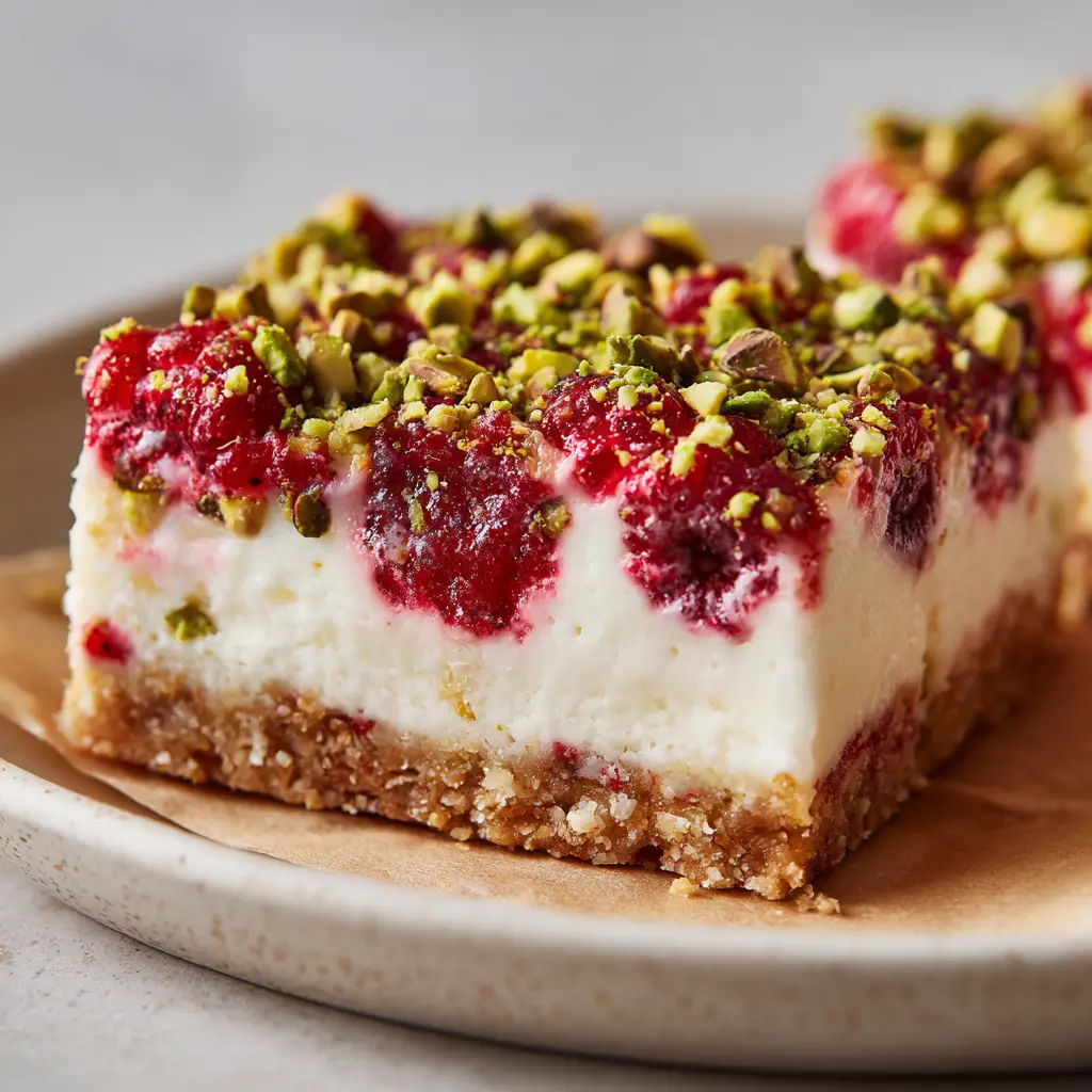 A close-up view of raspberry pistachio bars arranged on a platter. The layers of buttery crust, creamy white filling, red raspberries, and green pistachios are clearly visible.