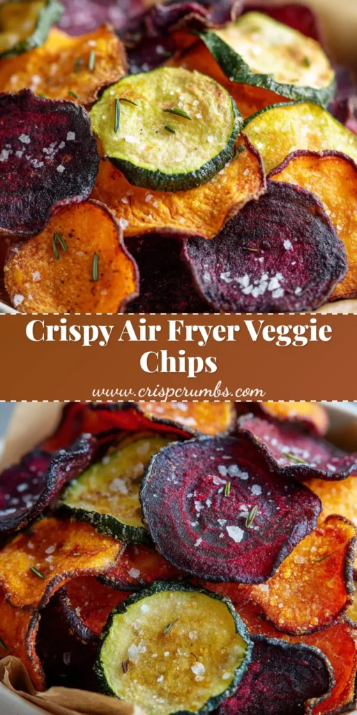 A rustic white ceramic bowl lined with brown parchment paper filled with homemade crispy Air Fryer Veggie Chips, featuring curled purple beets, bright orange sweet potatoes, and pale green zucchini with blistered edges.