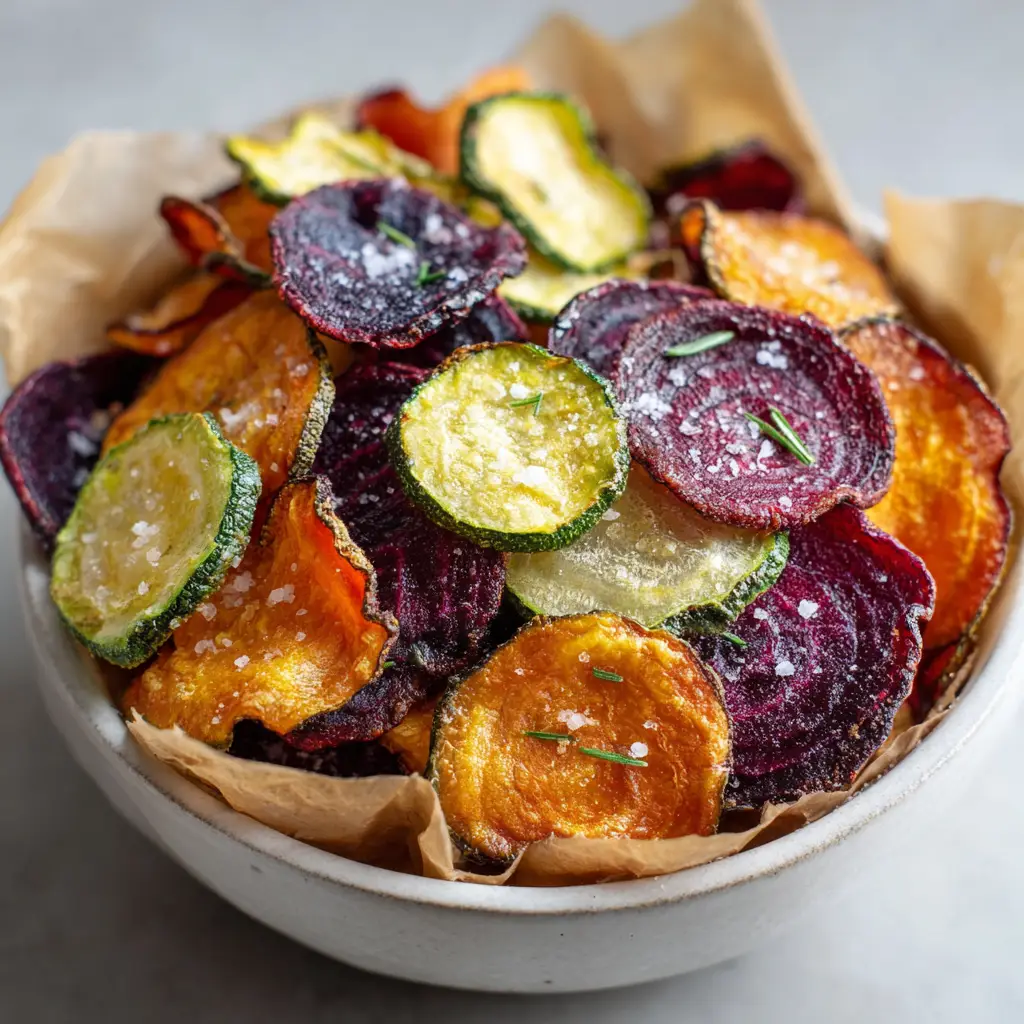 Close-up macro shot of Air Fryer Veggie Chips showing dry, rigid textures, slightly darkened blistered edges, and specks of dried rosemary on beet and sweet potato slices.