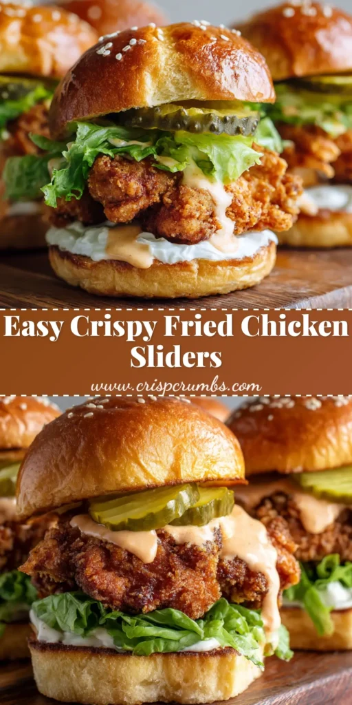 Three crispy fried chicken sliders layered with lettuce, spicy mayo, and pickles on toasted brioche buns, arranged on a rustic wooden board.