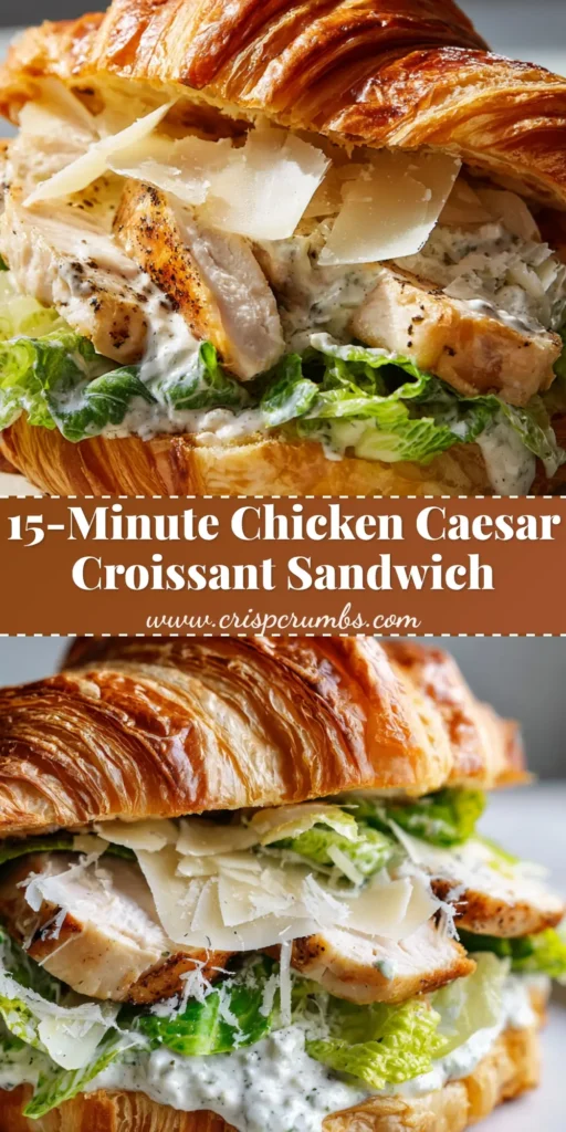 A towering Chicken Caesar Croissant Sandwich loaded with thick sliced grilled chicken, creamy Caesar dressing, crisp romaine lettuce, and shaved parmesan on a flaky bakery croissant.