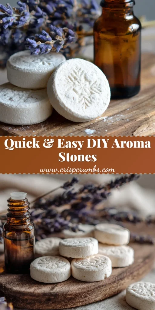 A close-up view of small, round, chalky white DIY aroma stones with embossed floral patterns, an amber dropper bottle, and dried lavender on a rustic wooden board.