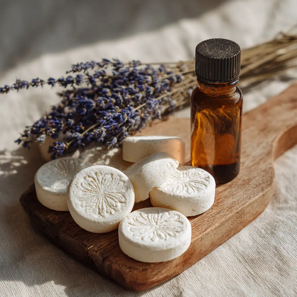 Chalky white edible DIY aroma stones featuring subtle embossed floral patterns on a wooden board.
