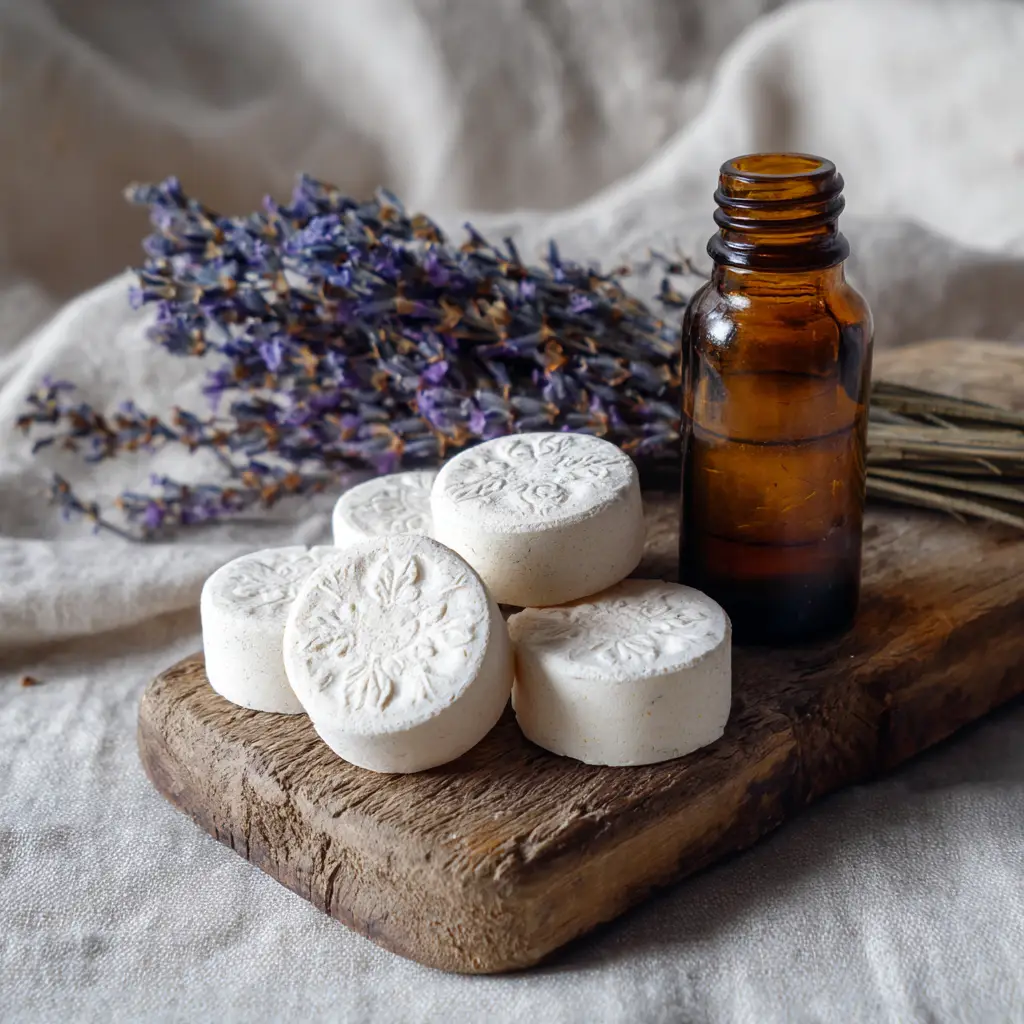An amber glass essential oil dropper bottle beside round chalky DIY aroma stones and a lavender sprig.
