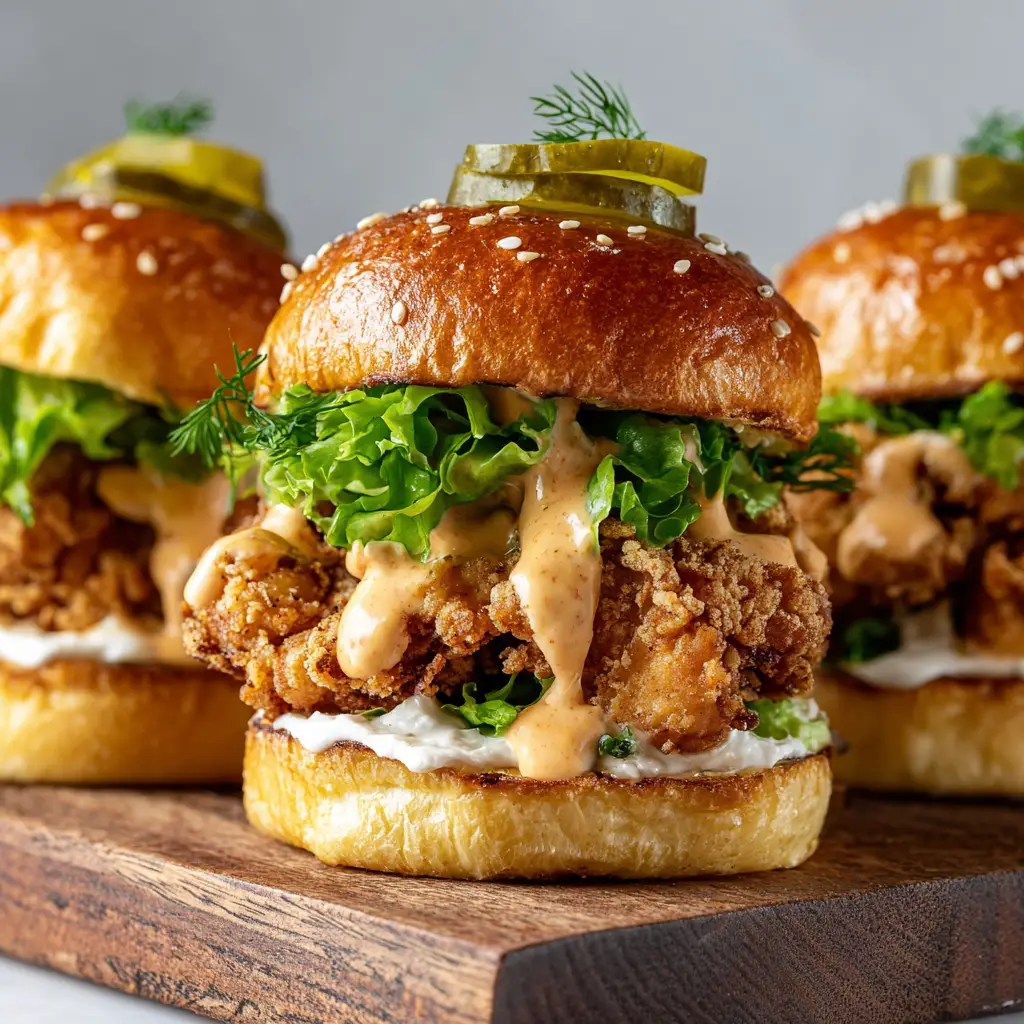 Ingredients for fried chicken sliders including brioche buns, fresh chicken breast, buttermilk, spices, green leaf lettuce, and crinkle-cut pickles.