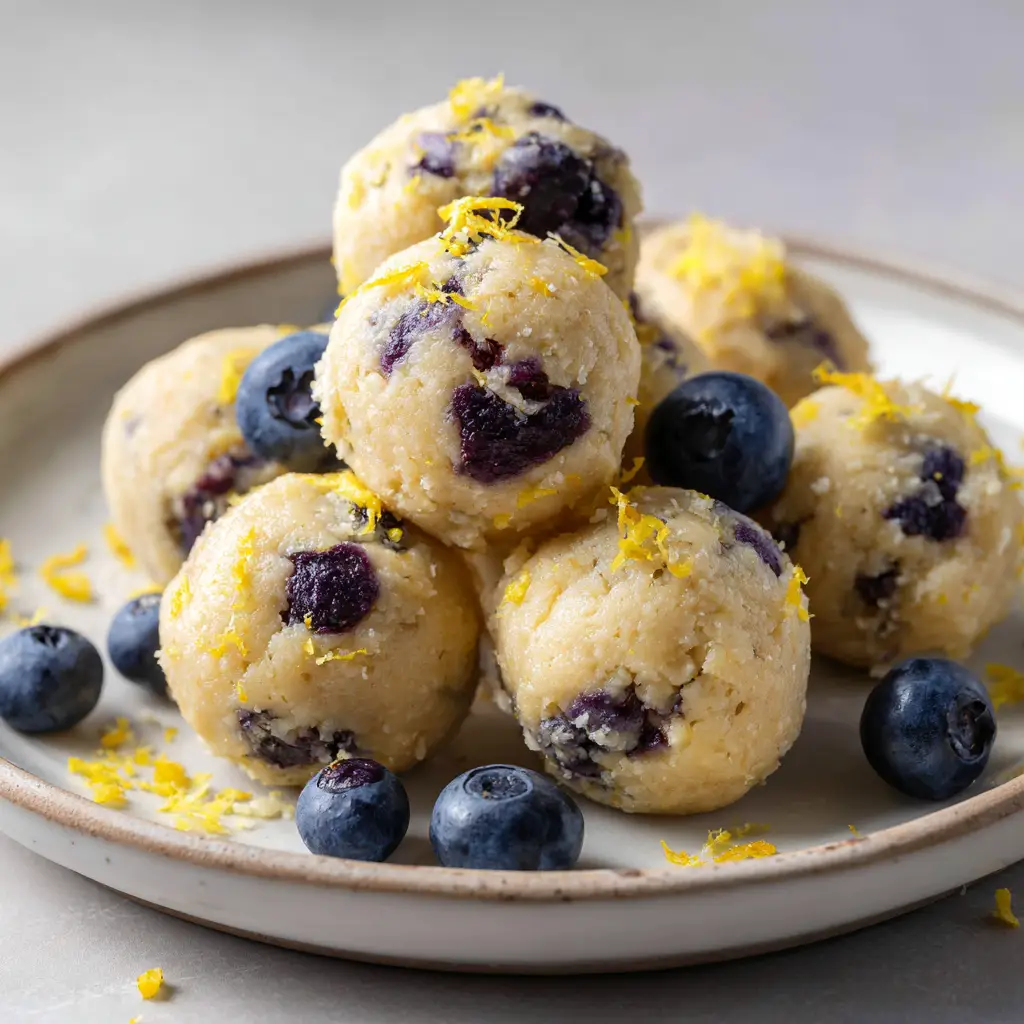 A close view showing the soft cookie-dough texture of Lemon Blueberry Protein Bites with scattered blueberries on a white plate.