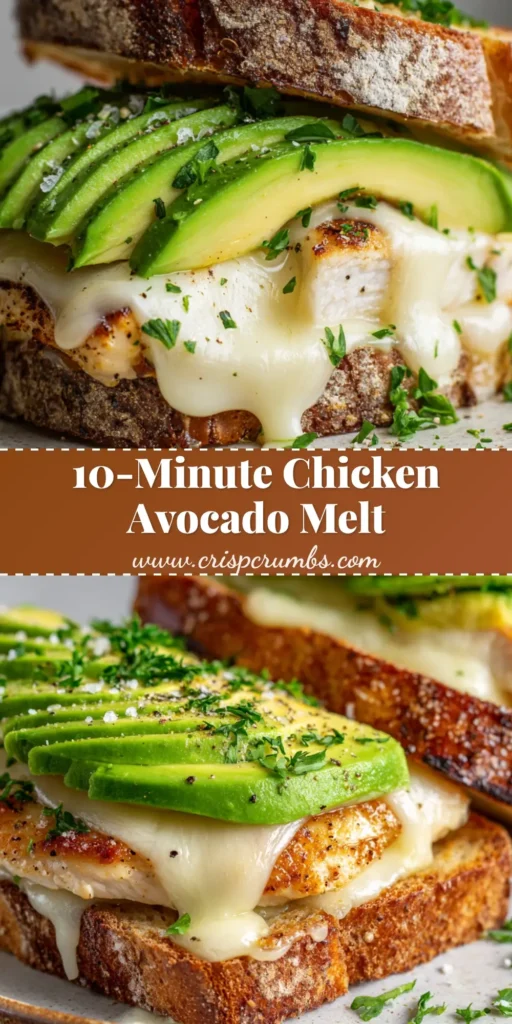 A halved chicken avocado melt sandwich resting on a rustic ceramic plate, showing gooey melted mozzarella, fresh green avocado, and a juicy seared chicken fillet on artisan sourdough.