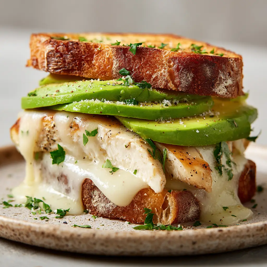 Thick slices of artisan sourdough bread toasted to a golden-brown crust, layered with seared chicken breast and fanned avocado.