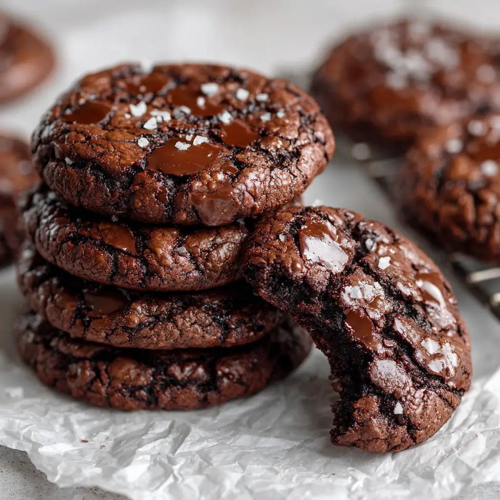 Close up of a deep cocoa brown Gluten-Free Chocolate Cookie broken in half to reveal a moist, slightly gooey center on a light marble countertop.