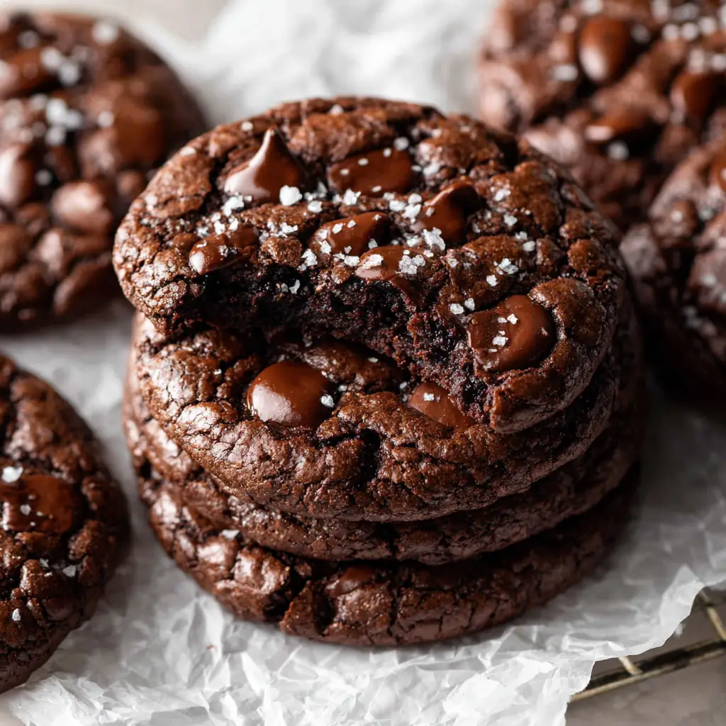 Thick dark chocolate cookies cooling on a wire rack over a marble countertop, showcasing glossy surfaces and flaky sea salt.