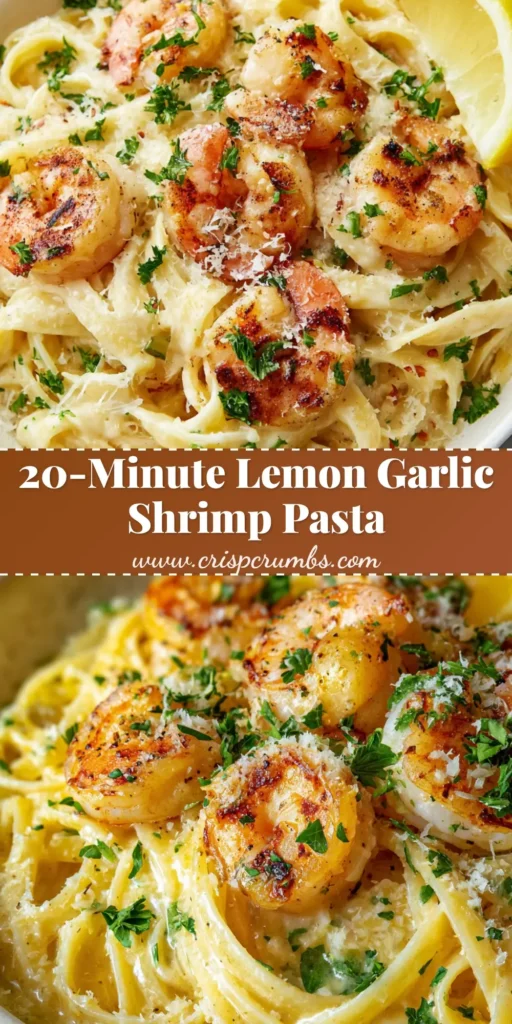 An overhead shot of Lemon Garlic Shrimp Pasta in a shallow white bowl. The fettuccine is coated in a creamy pale-yellow sauce, topped with seared pink shrimp, fresh parsley, and parmesan cheese.
