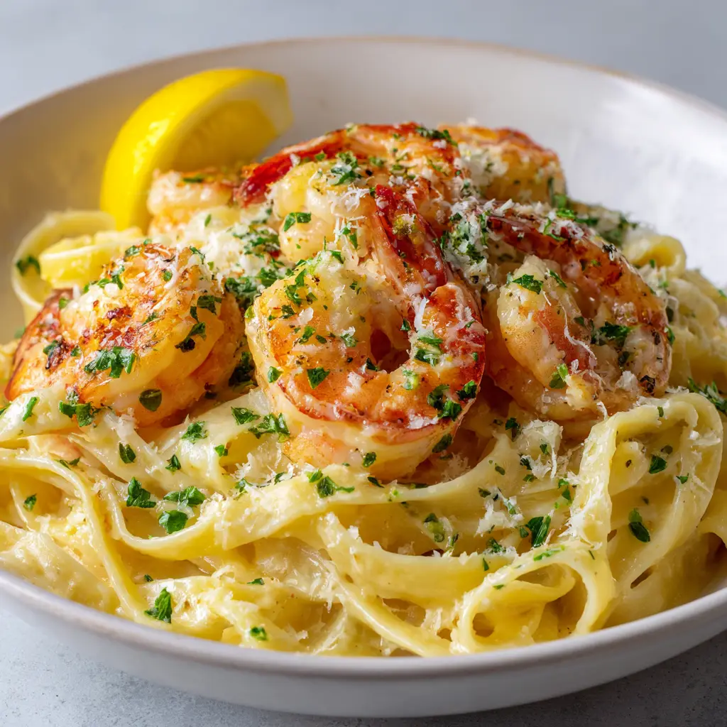 A close-up view of Lemon Garlic Shrimp Pasta, showcasing the glossy texture of the lemon butter sauce on the fettuccine and the golden-brown seared edges of the shrimp.