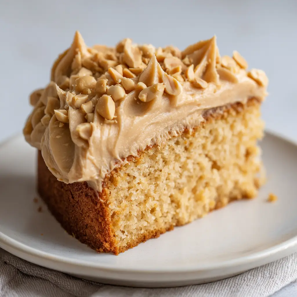 A close-up of the fluffy, tender crumb of a peanut butter cake slice on a white ceramic dessert plate.