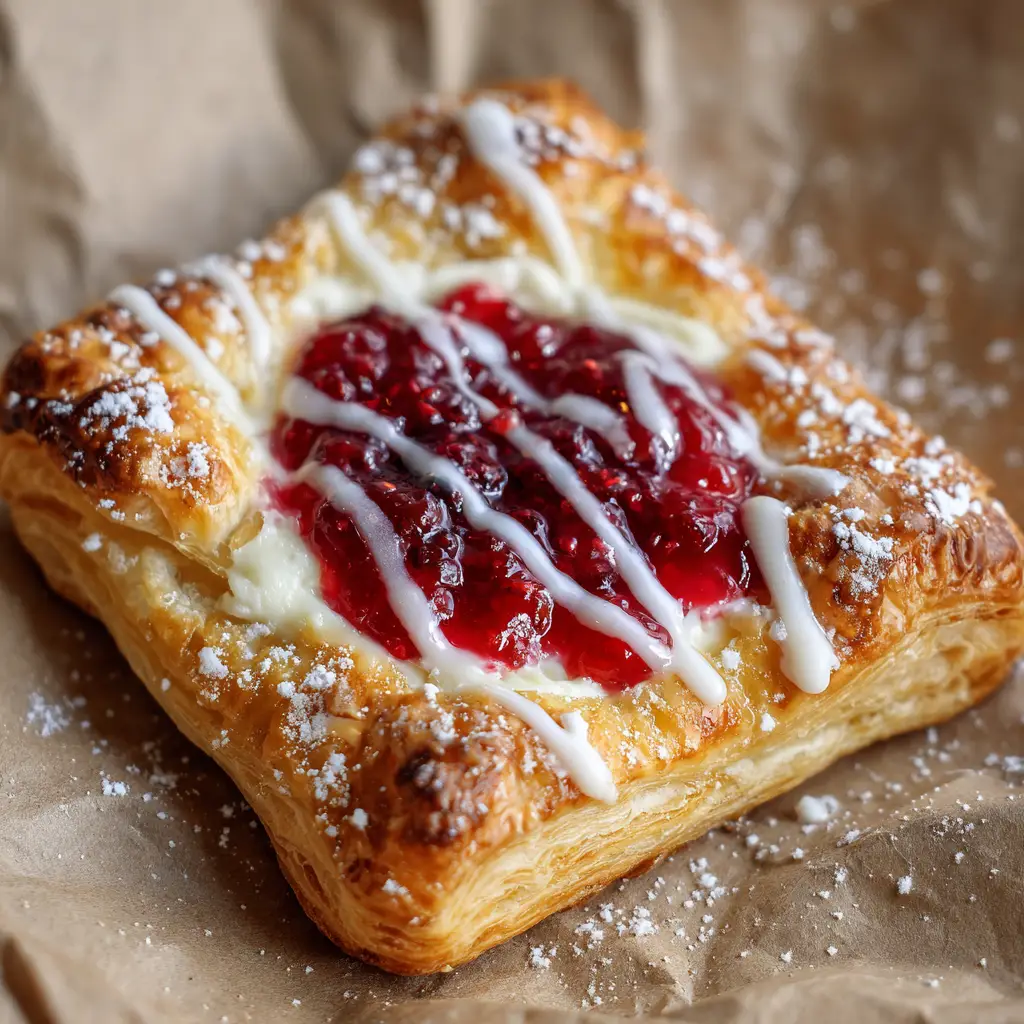 A golden-brown flaky Raspberry Cheesecake Danish shown from an overhead angle, highlighting the glossy raspberry compote and cream cheese filling.
