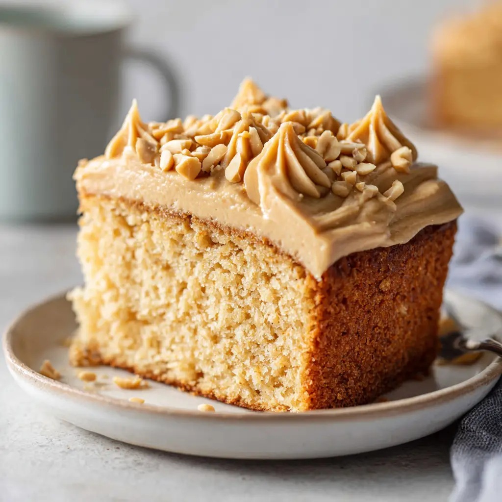 Deep swoops of creamy peanut butter frosting garnished with chopped peanuts on a slice of homemade cake.