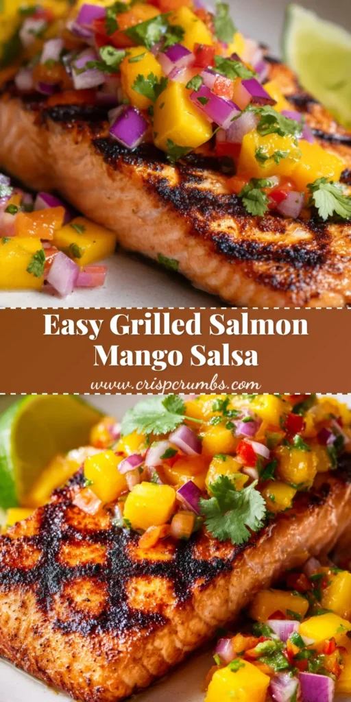 A perfectly grilled salmon fillet with dark grill marks is centered on a white plate, generously topped with a fresh and chunky mango salsa. (Grilled Salmon with Mango Salsa)
