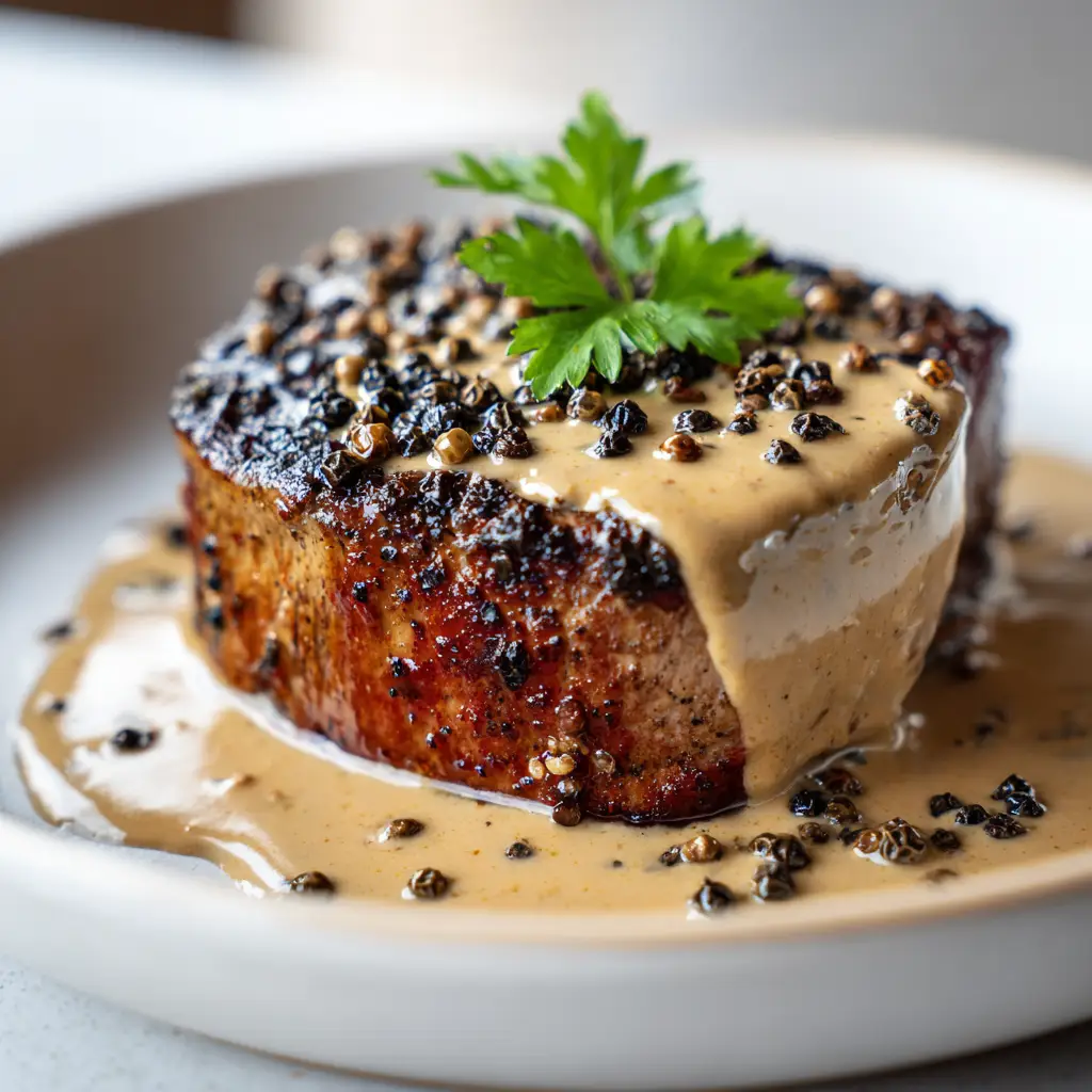 Thick-cut beef steak densely speckled with coarsely crushed black peppercorns before searing.