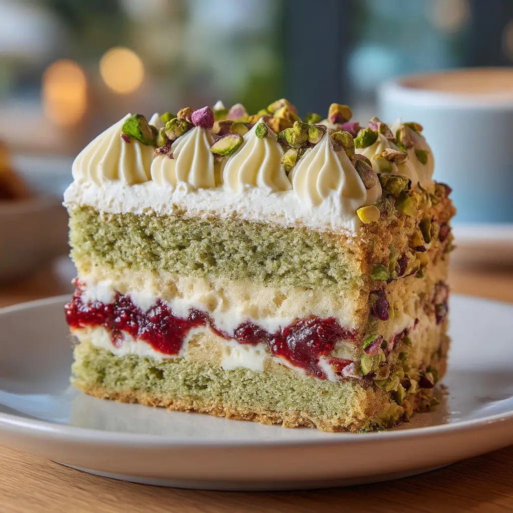 A perfect slice of pistachio raspberry layer cake on a white plate, showing the tender green cake and vibrant red raspberry filling.