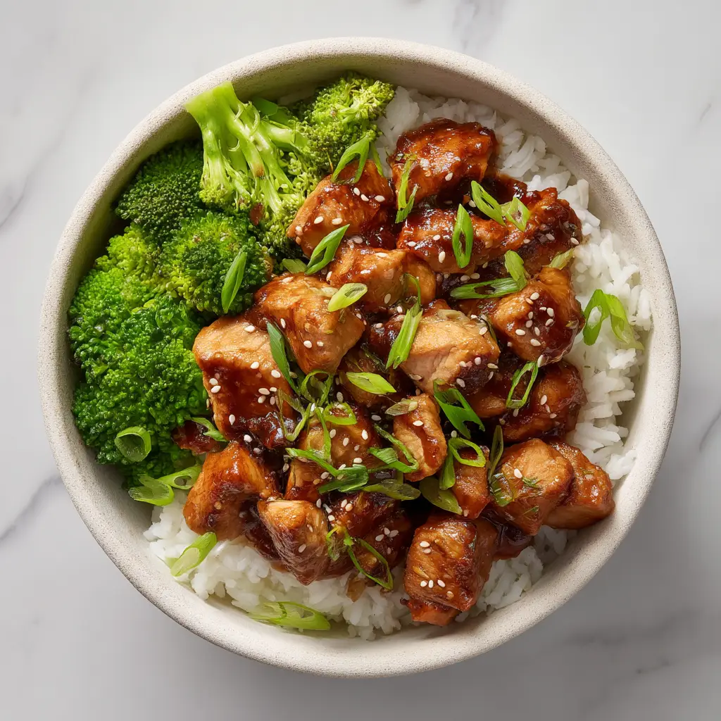 An appetizing overhead shot of the teriyaki chicken bowl highlighting the texture of the glazed chicken and colorful vegetables.