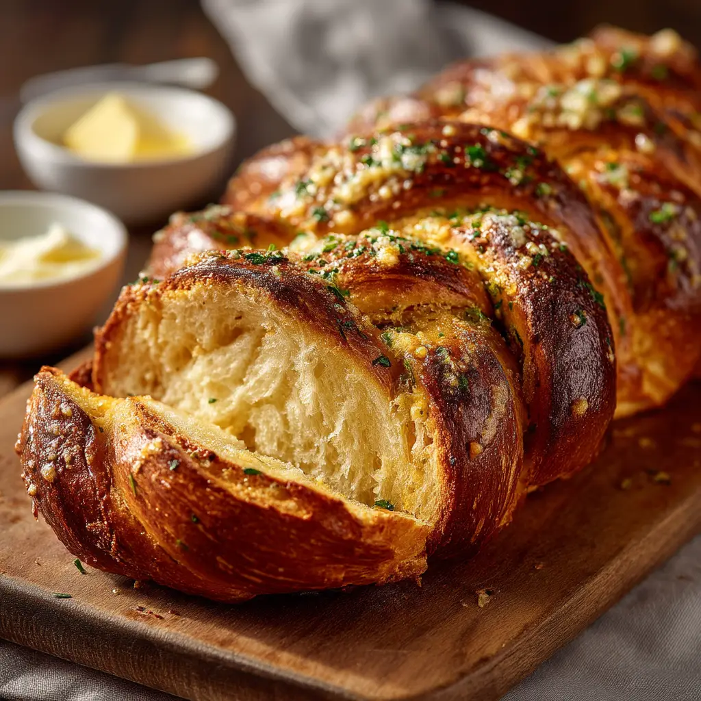 A loaf of savory homemade herb bread on a rustic wooden board, topped with melted Parmesan cheese and fresh herbs.
