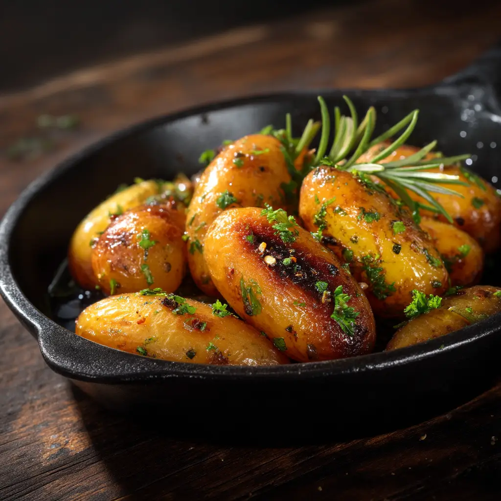 A close-up shot of seasoned fingerling potatoes in a bowl before being roasted, showing the olive oil and herb coating.