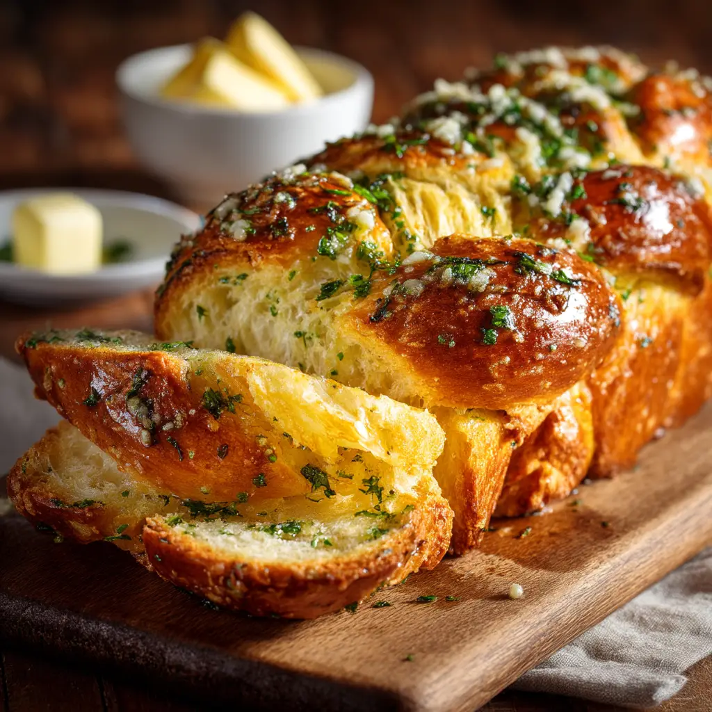 Slices of warm Garlic Parmesan Herb Bread arranged on a platter, ready to be served alongside a meal.