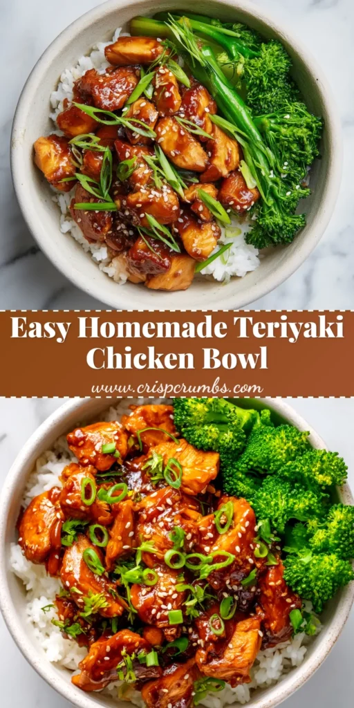 An overhead shot of a delicious Teriyaki Chicken Bowl, packed with glazed chicken, broccoli, and carrots over rice, ready to be pinned.