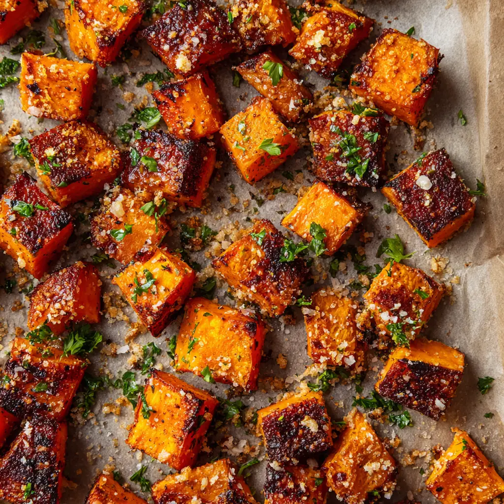 Top-down view of roasted sweet potato cubes scattered on lightly browned parchment paper, coated in melted grated parmesan and roasted minced garlic.