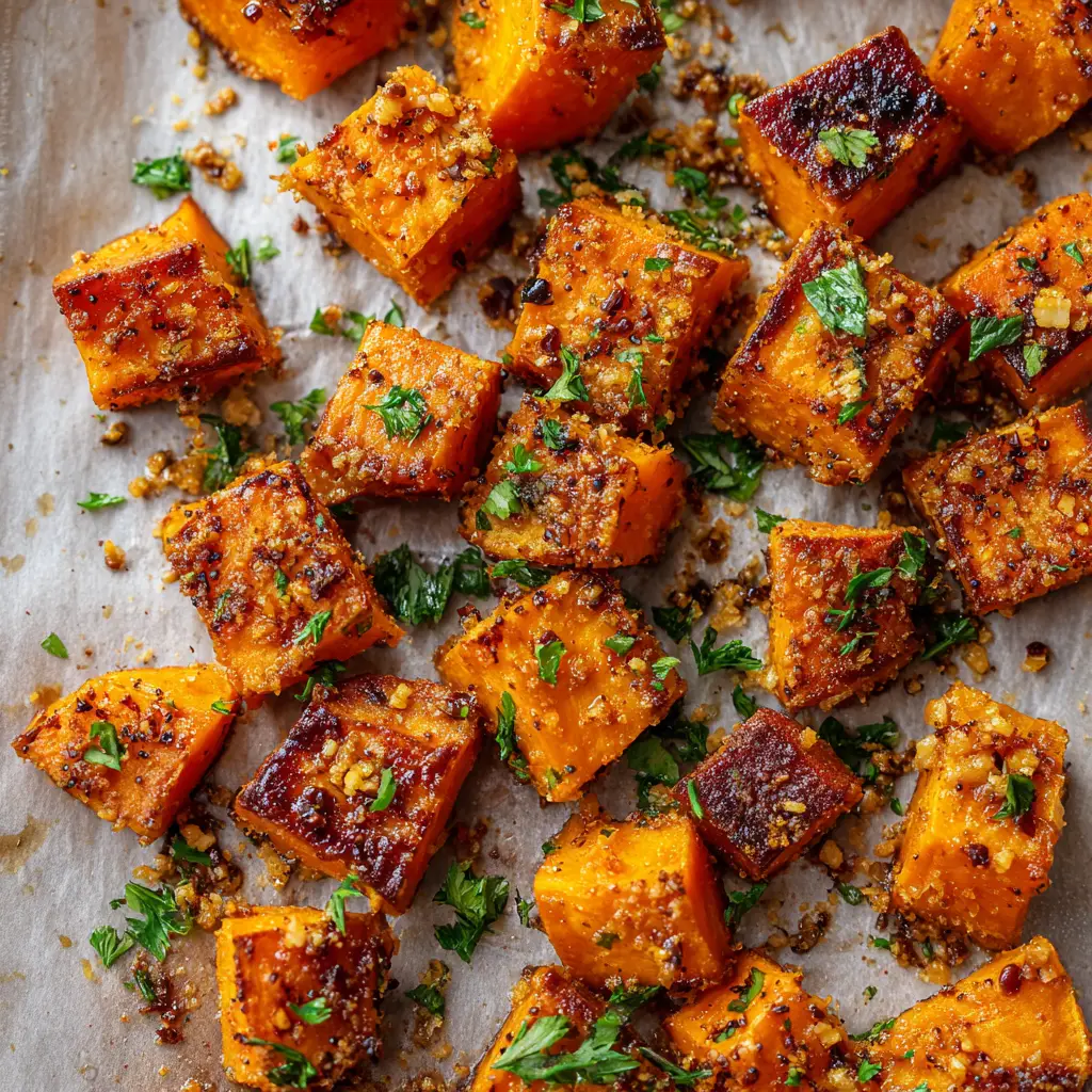 Close-up of vibrant orange sweet potato chunks with crispy dark golden-brown edges, generously garnished with finely chopped fresh parsley.